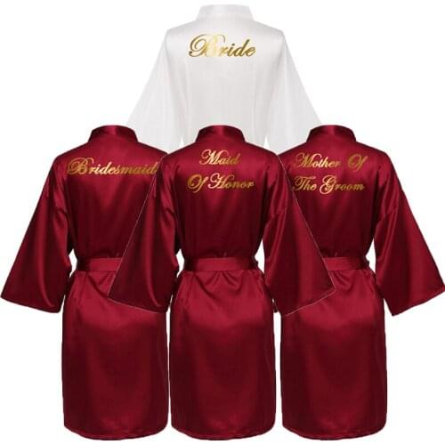 Satin Silk Bride Robe Women Wedding Party Bride Bridesmaid Robes Dressing Gown Bridal Robe Bathrobe Gold Print Burgundy