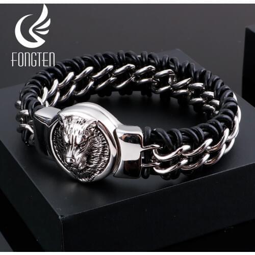 Fongten Antique Teen Wolf Head Charm Bracelet Braid Stainless Steel with Leather Rope Mens Bracelets Bangle Wristband Pulseira