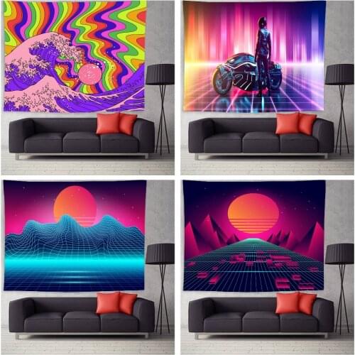 Retro Style Tapestry Red Sun Background Cloth Tapestries Decor Wave Neon Background Wall Hanging Blanket for Living Room College