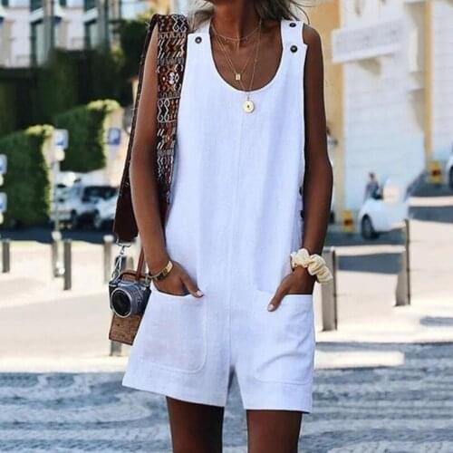 Women Rompers Summer Casual Loose Sleeveless Jumpsuit Solid Button Pocket Suspenders Bib Short Pants Wide Leg Playsuits Overalls