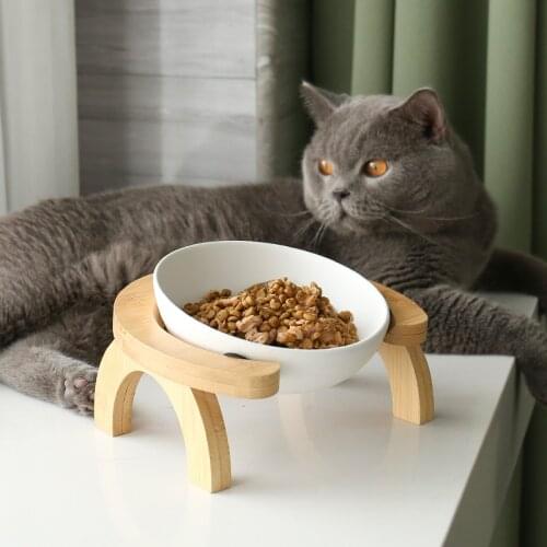 Cat Food Feeder Water Food Ceramic Wooden Raised Shelf Feeding Drinking Sugar Bowl Non-Slip For Dog Product Supplies
