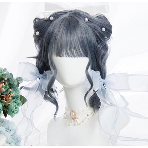 CosplayMix 32CM Lolita Cute Ombre Short Curly Bob Gray Blue Indigo Bangs Heat Resistant Party Synthetic Hair Cosplay Wig+Cap