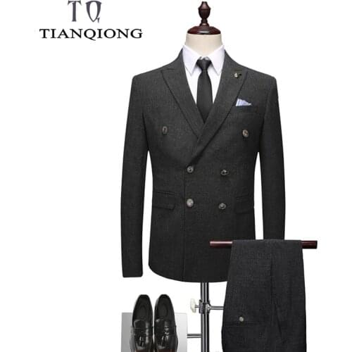 TIAN QIONG Double Breasted Suit Men 3 Piece 2019 Slim Fit Mens Suits with Pants Black Grey Mens Business Wedding Groom Suits