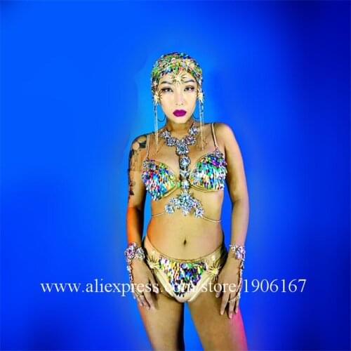 Ballroom dance singer costumes dj sexy women stage show wears clothes catwalk dress performance bar bikini suit party headdres