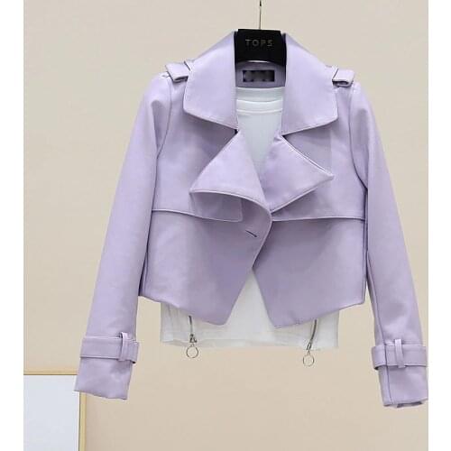 Korean Single-Button Slim Soft Faux PU Leather Jacket Women Purple Short Coat Spring 2021 Long sleeve Street Biker Jacket Female