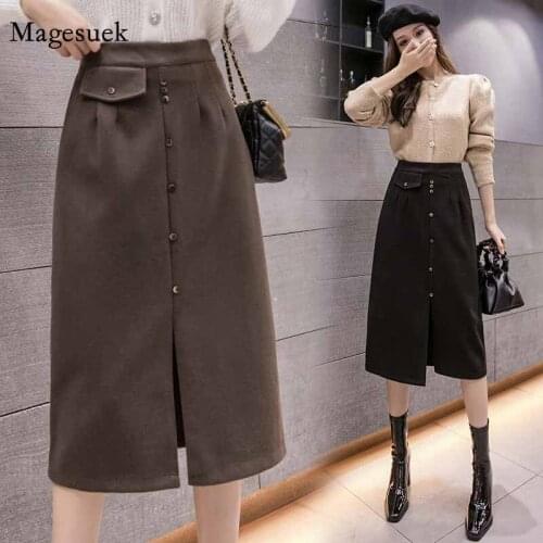 Fashion Woolen H-line Skirt 2020 New Female High Waist Slim Mid-length Side Slit Single Breaste Hip Woman Skirt Faldas 12132
