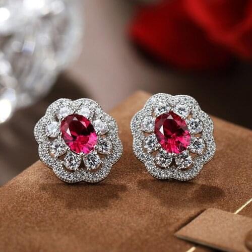 Top Quality Ruby Stud Earrings For Women S925 Sterling Silver Sparkling High Carbon Diamond Earrings Party Gifts Fine Jewelry