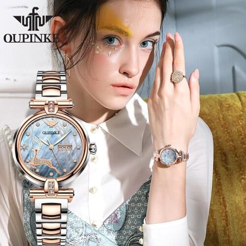 OUPINKE Sky Blue 3D deer automatic watch women Classic Mechanical sapphire crystal Luxury lady watch Wristwatch Gifts for Women