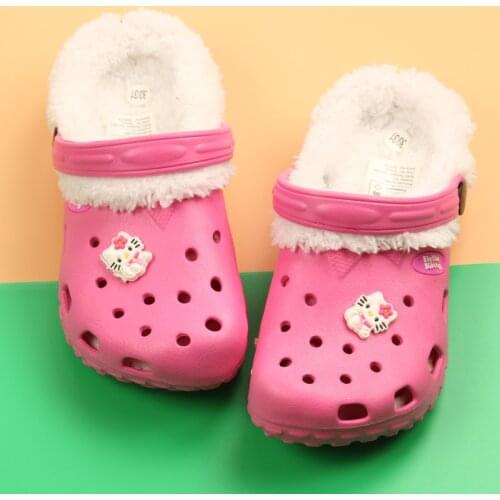 Kitty Winter Kids Clogs Warm Fur Childrens Indoor Shoes Home Hole Mules Navy Cute Pins Sandal EVA Flat Kids Shoes