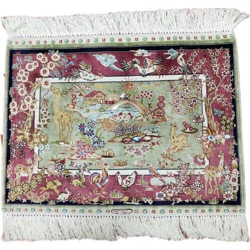 Seeykeep™ 2x1.5ft 300Lines Collectables Rectangle Pure Silk Handknotted Pastoral Design With Animal Motifs Rug-SK3036182