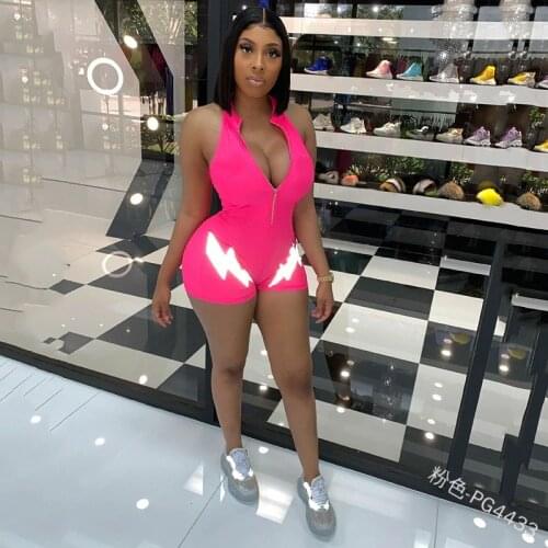 Sexy Sleeveless Deep V Bodycon Playsuit Women Romper Fitness Clothes Running Set Fashion Print Half Zip Up Playsuit Jumpsuit
