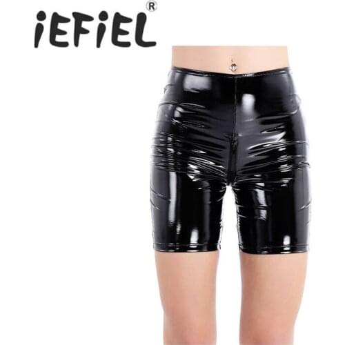 IEFiEL Sexy Black Womens Boxer Welook Patent Leather Zippered Crotch Tight Shorts for Party Dance Club Nightclub Shorts
