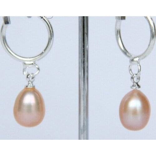 FREE shipping> >>>Genuine 8X10mm drip Dangle pink Freshwater pearls Earrings e2160