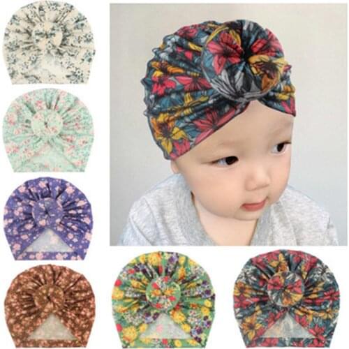 Newborn Flower Print Beanies Toddler Kids Floral Print Knotted Hat Beanie Headwear For Baby Boy Girl Hat Cap Hair Accessories