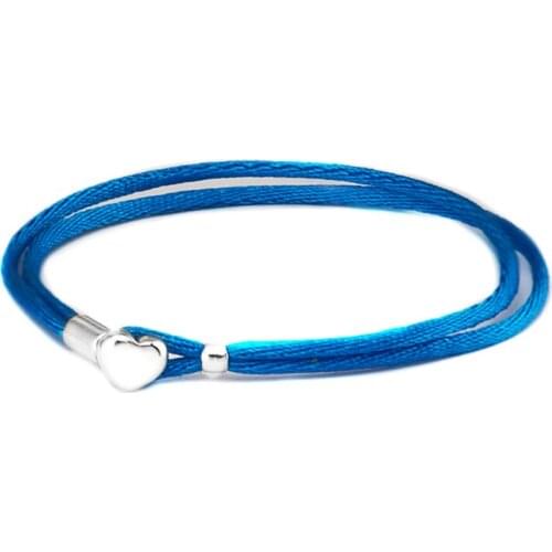 Blue Fabric Cord Bracelet With Heart Buckle Sterling Silver Jewelry For Woman Fit Original Beads & Charms Jewelry
