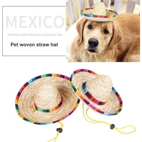 Straw Sombrero Mexican Hat Pet Adjustable Buckle Multicolor Pet Straw Dog Cat Hat Beach Party Sombrero Sun Hat