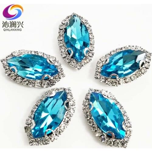 Lake blue eye shape Top grade Glass Crystal buckle,Sliver bottom sew on rhinestones,Diy/wedding decoration SWHEK12