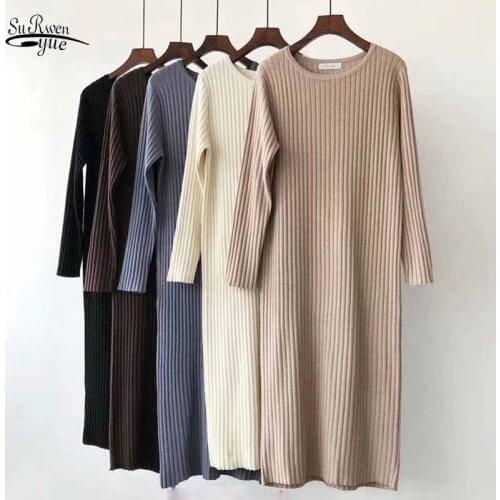 O-neck Mid-Length Solid Mid-calf Knitted Dress 2020 Autumn and Winter Korean Style Elegant Stripe Slimming Bottoming Dress 11731