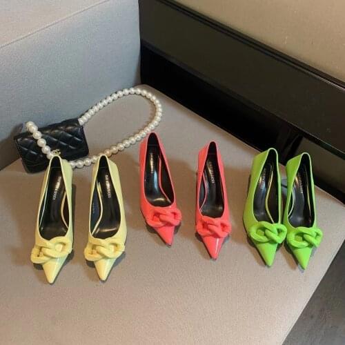 Pointed Toe Women Pumps Metal Chain Shallow Slip On Thin High Heels Red/Green/Yellow Fashion Office Pumps Work Shoes Size 35-39