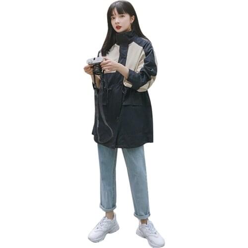 Mid-length windbreaker waist waist tooling windbreaker womens jacket color matching Korean fashion windbreaker jacket