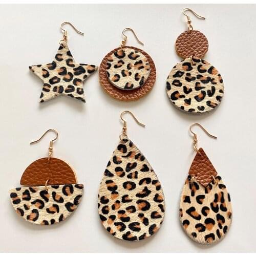 Leopard Statement Earrings Jewelry Women Unique Geometric Textured Simple Retro Bohemian Horse Hair Genuine Leather Earrings