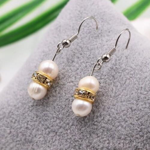 Wholesale Natural White Freshwater Pearl Earring Dangle for Women 7-8mm Pearls Beads Rhinestone Crystal Earrings Jewelry A513