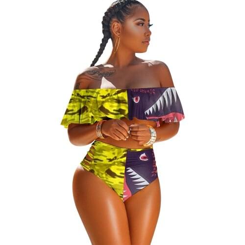 S-4XLWomens Printed Ruffled Split Off-shoulder Swimsuit