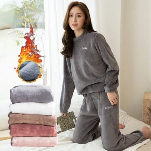 Women Winter Flannel Pajamas Set Female Warm Sleepwear Clothing Thick Velvet Pyjamas Soft Hoodies Pants Lounge Homewear Sale