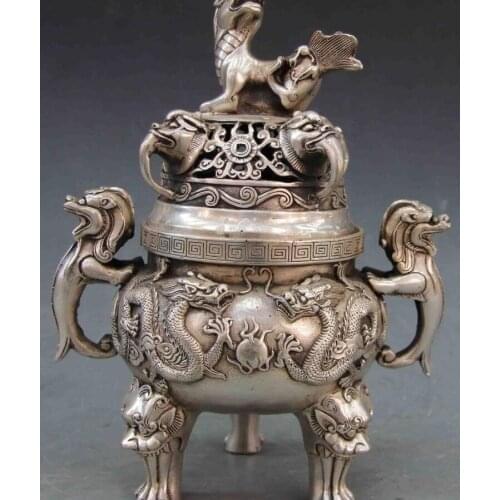 10 White Copper Silver Two Dragon Play Bead Foo Dog Lion Censer incense burner