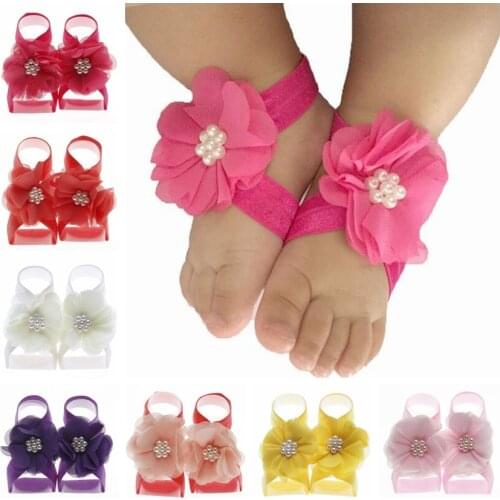 Nishine 2pcs/pair New Chiffon Flower Baby Barefoot Sandals Newborn Sandals Baptism Shoes Baby Girl Photo Props Birthday Gifts