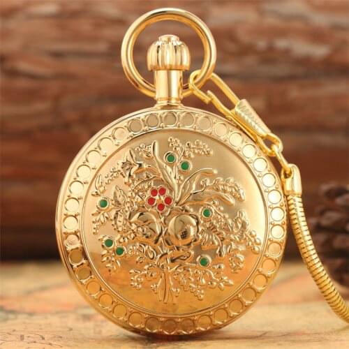 Embossed Green Red Decor Automatic Mechanical Pocket Watch Gold Copper Self-Winding Pendant Antique Pocket Timepiece Retro Gifts