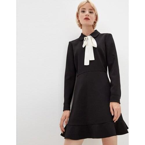 MUICHES Sweet Bow Collar Black A-Line Dress Female Long Sleeve High Waist Mini Dress Preppy Style For Girl 2021 Fall Ruffles