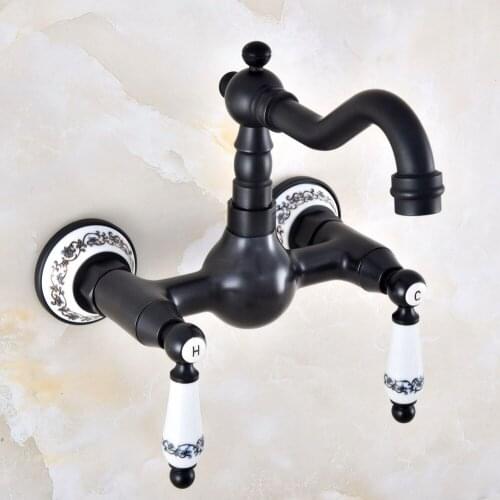 Black Oil Rubbed Bronze Bathroom Kitchen Sink Faucet Mixer Tap Swivel Spout Wall Mounted Two Handles mnf864