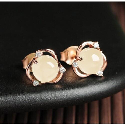 Natural Hetian Jade White Jade Stud Earrings Natural Jade S925 Sterling Silver Inlaid Ear Studs Eardrops Ring for Girlfriend for