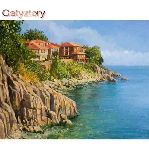 Painting by Numbers for Adults coastal photo Frames Acrylic Canvas Drawing landscape wall Decor Home Gatyztory Diy Kit