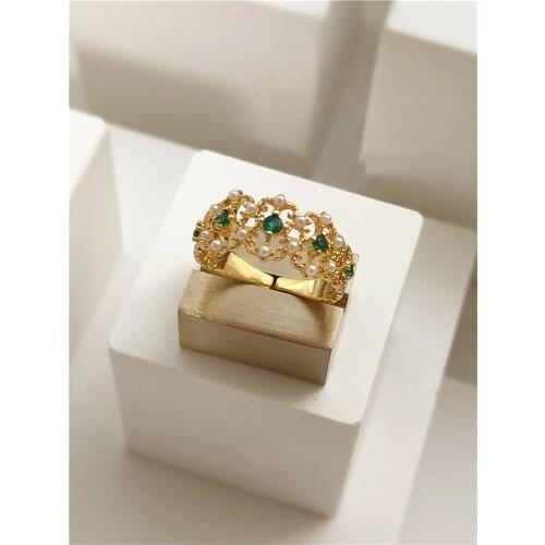 Brass With 18 K Gold Retro Green Stone Zircon Rings Women Jewelry Punk T Show Designer Club Cocktail Party Japan Korea Fashion