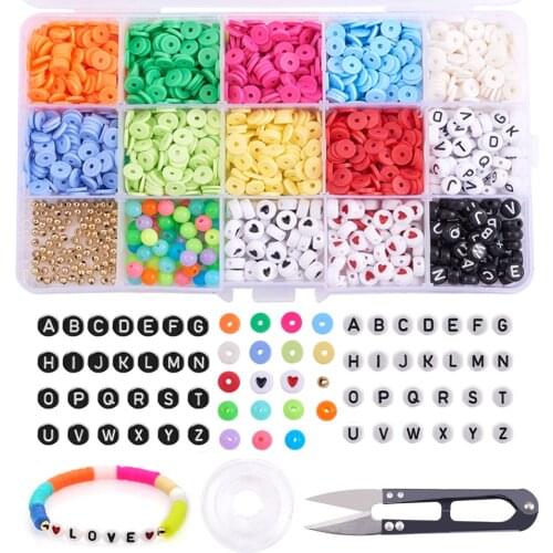 DIY Bracelet Making Kit Set With Polymer Clay Beads Acrylic Alphabet Letter Beads Elastic Thread and Steel Scissors