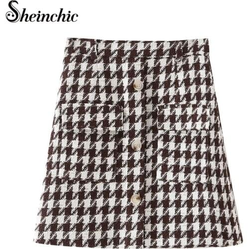 Sheinchic 2021 Autumn Winter Chic Fashion Mini Woolen Skirt Womens Vintage High Waist Plaid Pencil Skirts Mujer