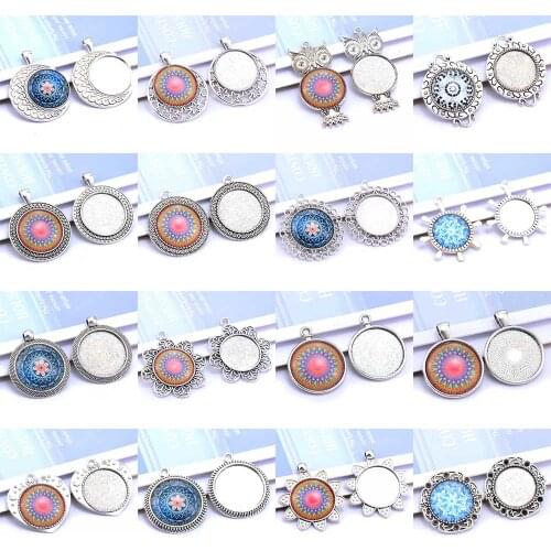 Mixed 10pcs/lot Pierced Antique Silver 14-25mm Inner Size Cabochon Base Setting Charms Pendant Accessories DIY Jewelry Making