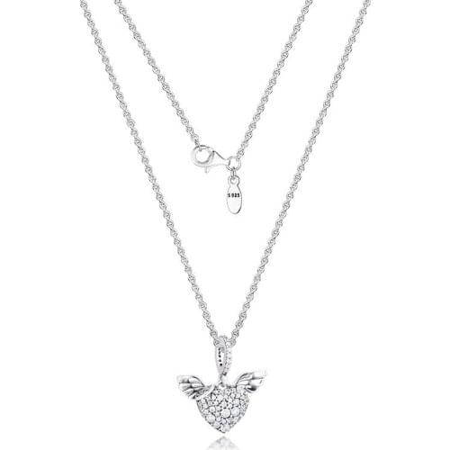 Clear CZ Heart & Angel Wings Pendant Necklaces for Women 925 Sterling Silver Collier Jewelry Female Choker Necklace Jewelry Fine