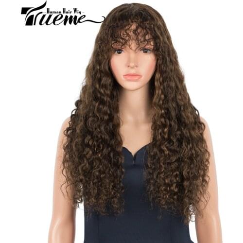 Trueme Curly Bob Wig With Bangs Colored Brazilian Human Hair Wigs For Women Ombre Black Brown Deep Curly Human Hair Full Wig