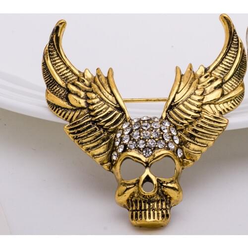 Charms Design Rhinestone Angel Wing Carved Metal Plated Skull Brooch Hot Jewelry