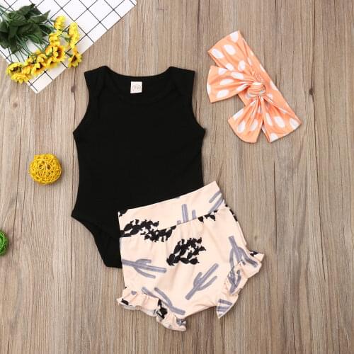 Pudcoco Newborn Baby Girl Clothes Sleeveless Solid Color Cotton Romper High Waist Shorts Headband 3Pcs Outfits Summer Clothes