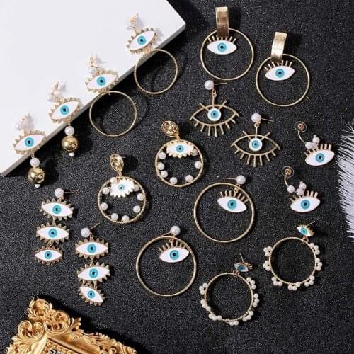 Cross-border pearl alloy geometric demon eye earrings in Europe and the exaggerated personality big long pendant jewelry