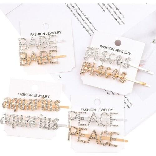 English Letters Pearls Rhinestones Clip Hairpin for Girl Women Metal Bobby Pins Barrette Hairclip Party Wedding Hair Accessories