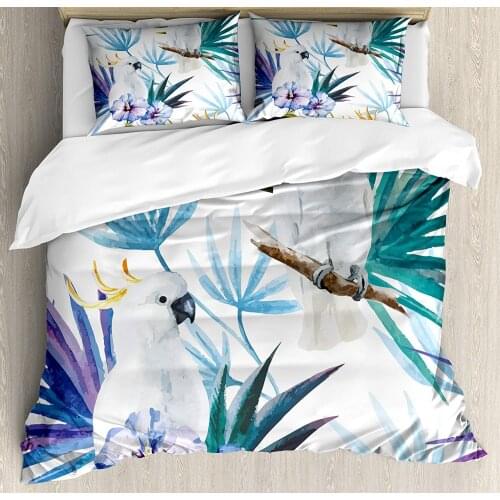 Tropical Duvet Cover Set Watercolor White Parrot Birds on Palm Tree Branches Leaves Exotic Nature Artwork Decorative 3 Piece Bed