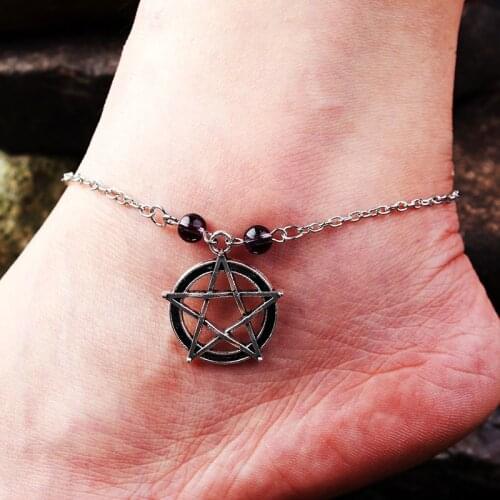 Gothic Vintage Anklets for Women Pentagram Purple Crystal Magic Foot Chains Silver Color Accessories Jewelry Anklet Bracelet