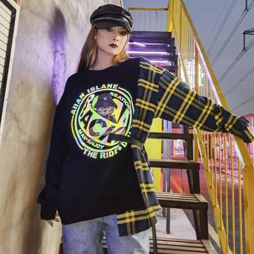 2021 Autumn Fashion New Women Sweatshirts Loose And Thin Stitching Contrast Plaid Cartoon Print Trendy Women Top LL93