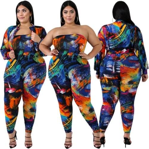 Plus-Size Women Jumpsuit Spring Colorful Print Cape Skinny Strapless 2 Piece Set Sexy Fitness Clock Long-Sleeves Elastic