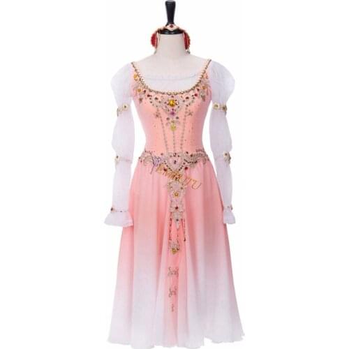 Ombre Pink white Professional Ballet Long Dress Long Sleeves Ballet Stage Costume Chiffon Performance Ballet Dance Costume Women